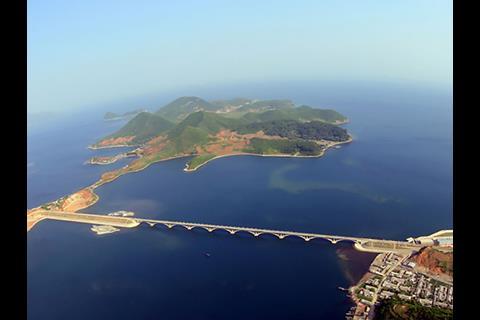 The Koam – Tapchon railway viaduct crosses Sokjon Bay (Photo: Korean Central News Agency).